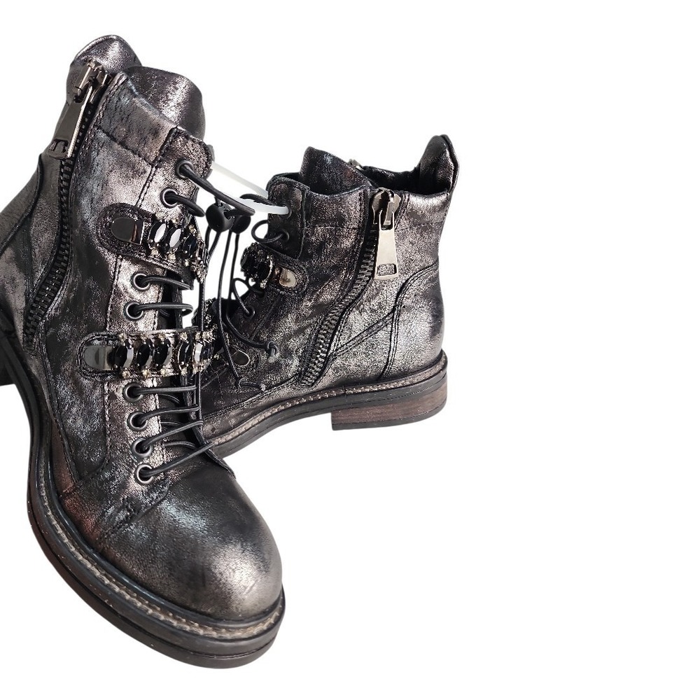 275 Central Combat Boots Women US 6-6.5 Metallic Silver Crystal Embellished Goth - Picture 9 of 12